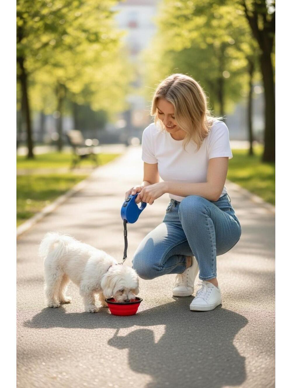 Retractable Leash and Collapsible Water Dish For a Small Dog on the Move
